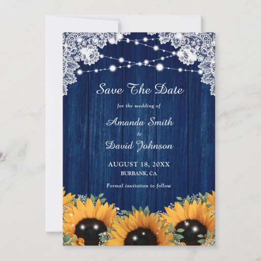 Marine Blauw Hout Groen Zonnebloem Bruiloft Save The Date (Voorkant)