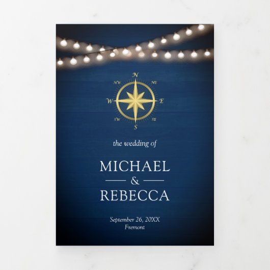 Marine Blauw Hout Nautisch Goud Kompas Bruiloft Drieluik Uitnodiging (Cover)