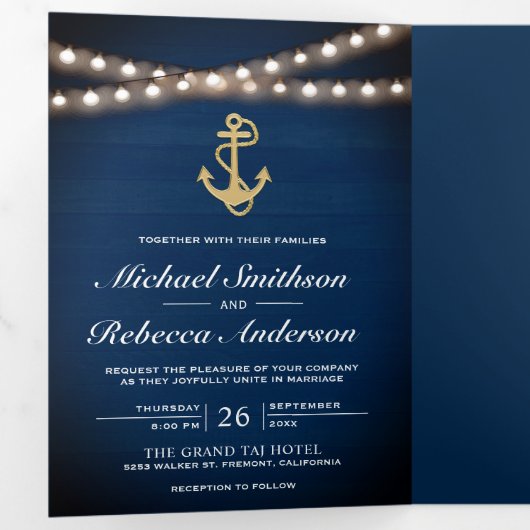 Marine Blauw Hout Nautische Gouden Anker Lichten B Drieluik Uitnodiging (Binnenzijde eerst)