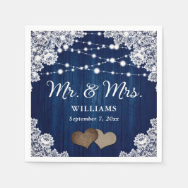 Marine Blauw Houten Kant Harten String Lights Brui Servet