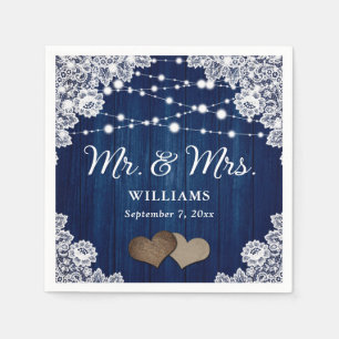 Marine Blauw Houten Kant Harten String Lights Brui Servet