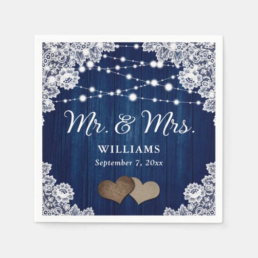 Marine Blauw Houten Kant Harten String Lights Brui Servet (Voorkant)