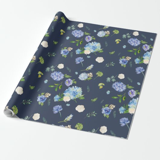 Marine Blauw Hydrangea Bruiloft Wrapping Papier (Uitgerold)