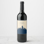 Marine blauw Jet Set City Skyline Destination Wedd Wijn Etiket (Voorkant)