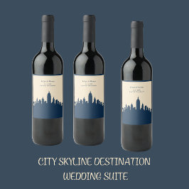 Marine blauw Jet Set City Skyline Destination Wedd Wijn Etiket