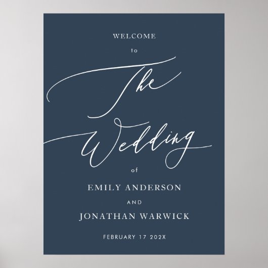 Marine Blauw | Kalligrafie Eenvoudige bruiloft Wel Poster (Voorkant)