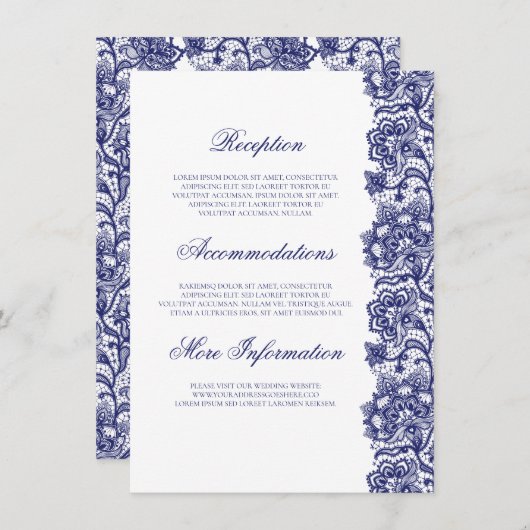 Marine Blauw Kant Elegant Bruiloft Informatie Gast Informatiekaartje (Voorkant / Achterkant)