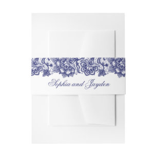 Marine Blauw Kant Elegant Bruiloft Uitnodigingen Wikkel