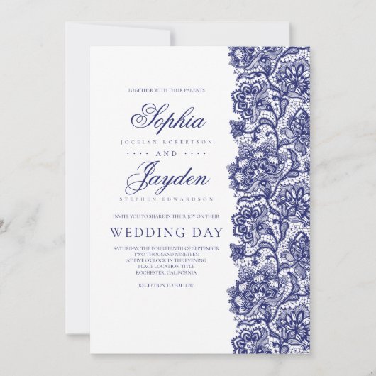 Marine Blauw Kant Elegante en Moderne Bruiloft Kaart (Voorkant)