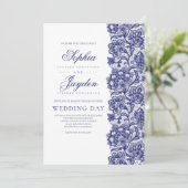 Marine Blauw Kant Elegante en Moderne Bruiloft Kaart (Staand voorkant)