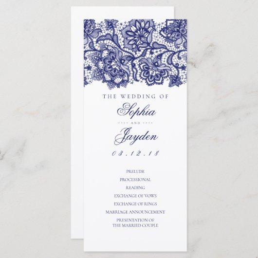 Marine Blauw Kant Elegante Witte Huwelijksprogramm Programmakaart (Voorkant / Achterkant)