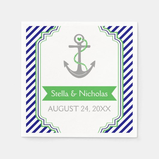 Marine blauw, Kelly groen anker nautische bruiloft Servetten (Voorkant)