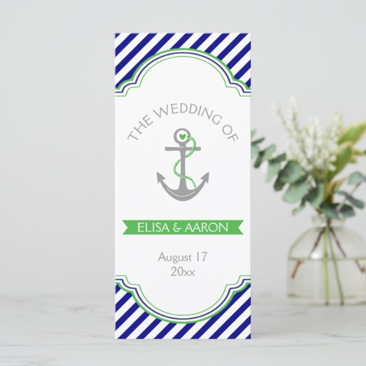 Marine blauw, Kelly groen nautische bruiloft progr Programmakaart (Staand voorkant)