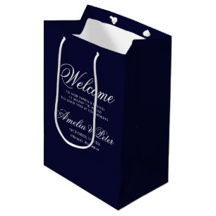 Marine Blauw Klassiek Bruiloft Welkom Medium Cadeauzakje