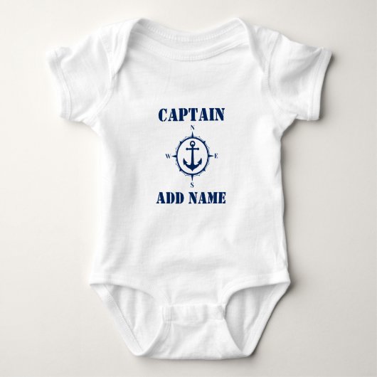 Marine Blauw Kompas & Boot Anker Baby Naam/Rang Romper (Voorkant)
