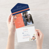 Marine Blauw Koraal Bloemen Fotobruiloft All In One Uitnodiging (Afscheurbaar)