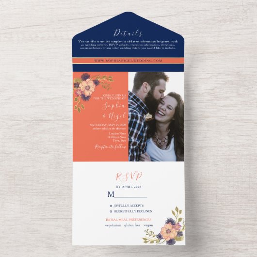 Marine Blauw Koraal Bloemen Fotobruiloft All In One Uitnodiging (Binnen)