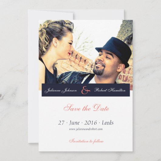 Marine Blauw Koraal Foto Bruiloft Save the Date (Voorkant)