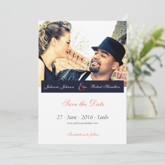 Marine Blauw Koraal Foto Bruiloft Save the Date (Staand voorkant)