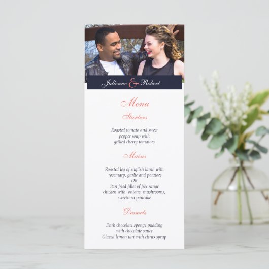 Marine Blauw Koraal Moderne Foto Bruiloft Menu (Staand voorkant)