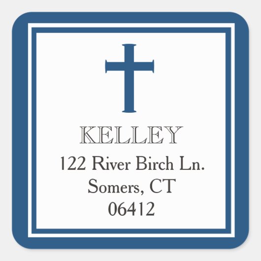 Marine Blauw Kruis Eerste Communie Adres Vierkante Sticker (Voorkant)