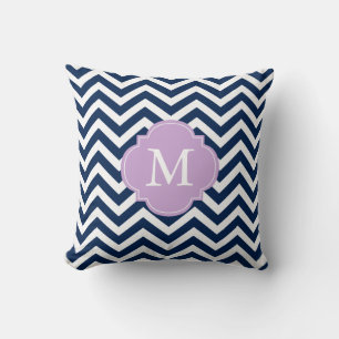 Marine Blauw & Lavendel Zigzags Patroon Monogram Kussen