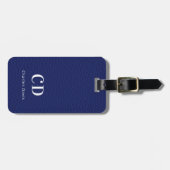 Marine blauw leder wit monogram naam bagagelabel (Voorkant horizontaal)