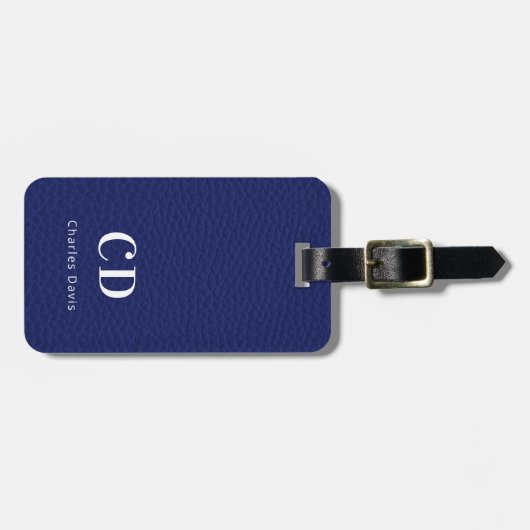 Marine blauw leder wit monogram naam bagagelabel (Voorkant horizontaal)