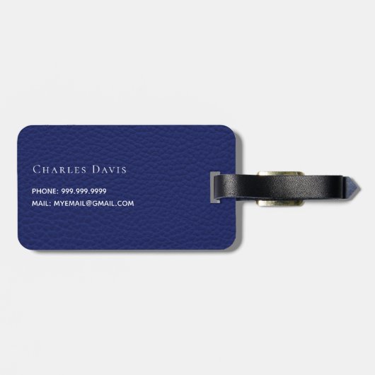 Marine blauw leder wit monogram naam bagagelabel (Achterkant horizontaal)
