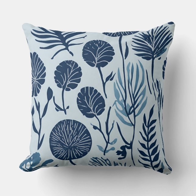 Marine Blauw Licht Blauw Botanische Bloemprint Kussen (Voorkant)