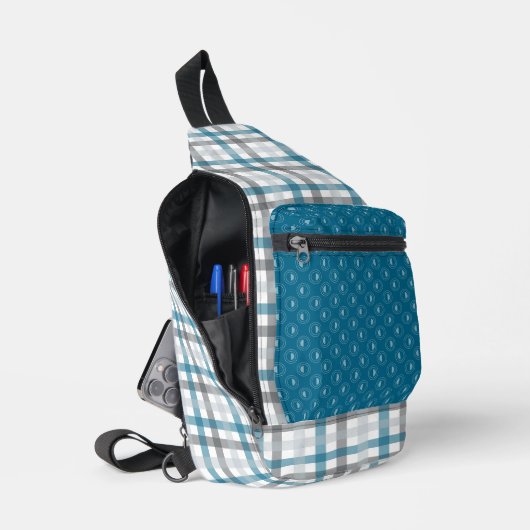 MARINE BLAUW LICHT & DONKERGRIJS PLAID PATRONEN SLING BAG (Open)