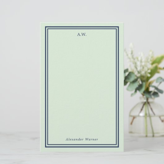 Marine Blauw & Licht Groen Monogrammed Briefpapier (Staand voorkant)