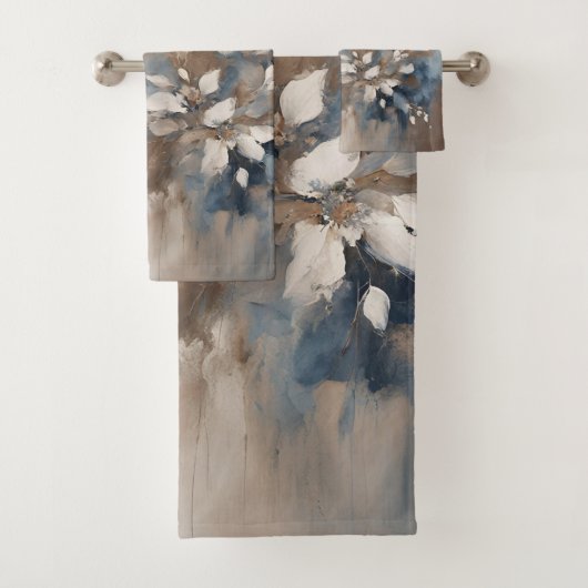 Marine Blauw Lichtblauw Bruin Moderne Bloemen Bad Handdoek (Insitu)