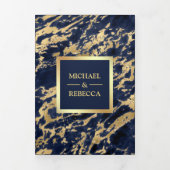 Marine Blauw Marmer Faux Gouden Folie Foto Bruilof Drieluik Uitnodiging (Cover)
