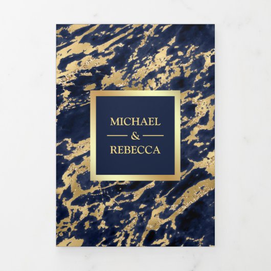 Marine Blauw Marmer Faux Gouden Folie Foto Bruilof Drieluik Uitnodiging (Cover)