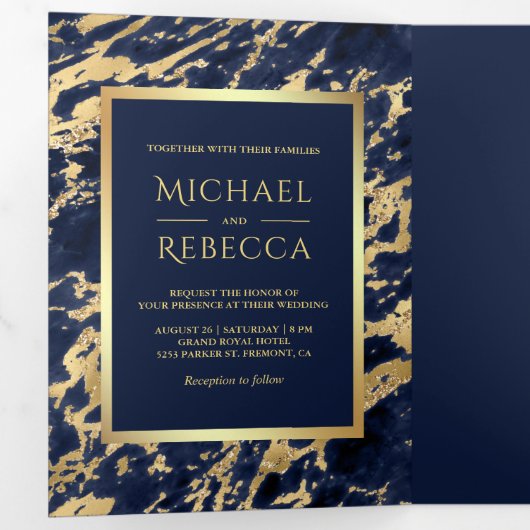 Marine Blauw Marmer Faux Gouden Folie Foto Bruilof Drieluik Uitnodiging (Binnenzijde eerst)