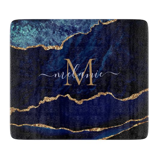 Marine Blauw Marmeren Snijplank Aangepaste Naam Le (Voorkant)