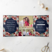 Marine Blauw Marsala Bloemen Foto Collage Bruiloft Drieluik Uitnodiging (Binnen)