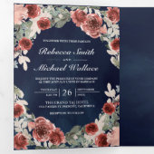 Marine Blauw Marsala Bloemen Foto Collage Bruiloft Drieluik Uitnodiging (Binnenzijde eerst)