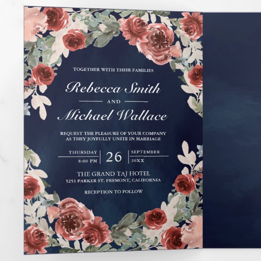 Marine Blauw Marsala Bloemen Foto Collage Bruiloft Drieluik Uitnodiging (Binnenzijde eerst)