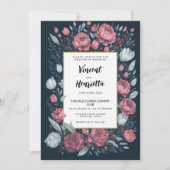 Marine blauw mauve roze bloemen land chic bruiloft kaart (Voorkant)