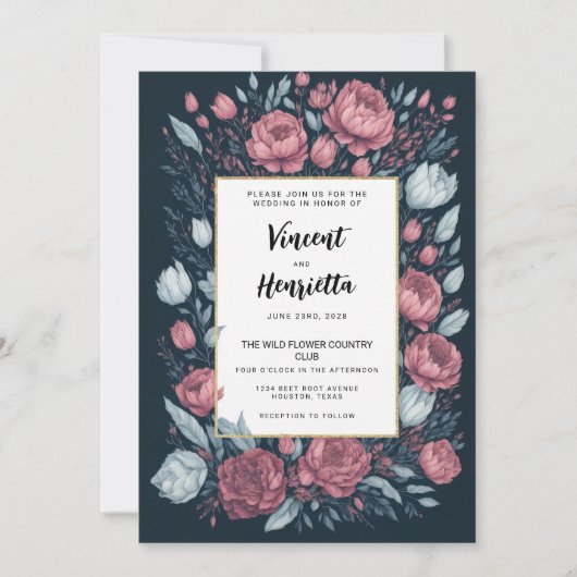 Marine blauw mauve roze bloemen land chic bruiloft kaart (Voorkant)