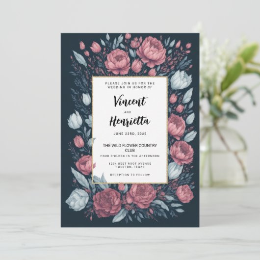 Marine blauw mauve roze bloemen land chic bruiloft kaart (Staand voorkant)