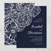 Marine blauw met witte lijn kunst papaver bloemen kaart (Voorkant / Achterkant)