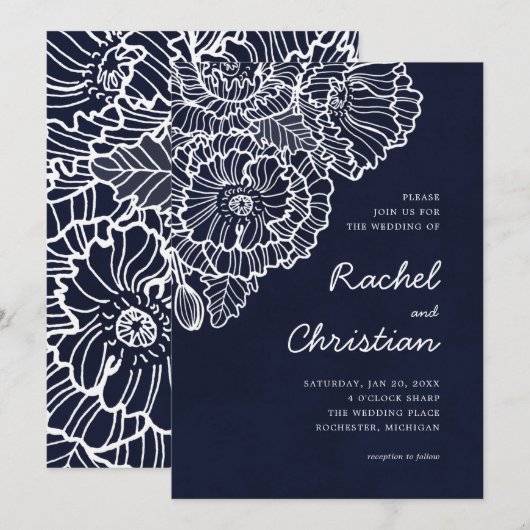 Marine blauw met witte lijn kunst papaver bloemen kaart (Voorkant / Achterkant)