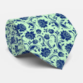 Marine Blauw & Mint-Groen Bloemen Damast Patroon 3 Stropdas (Opgerold)