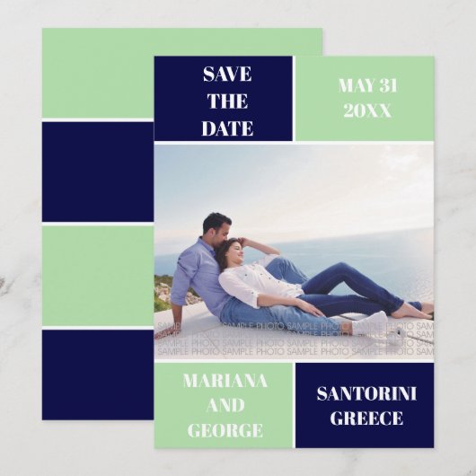 Marine blauw, mint kleur blok bruiloft Save the Da Date (Voorkant / Achterkant)