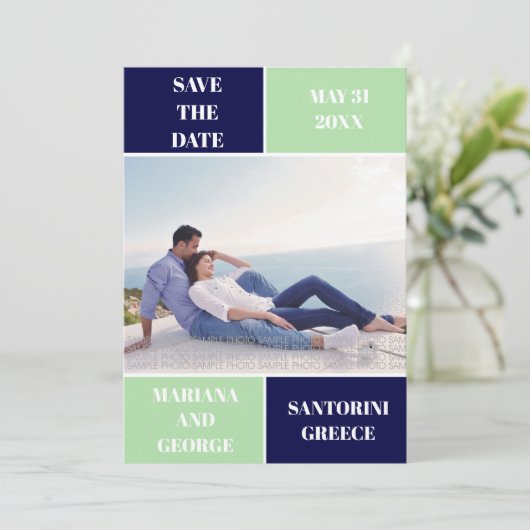 Marine blauw, mint kleur blok bruiloft Save the Da Save The Date (Staand voorkant)