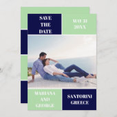 Marine blauw, mint kleur blok bruiloft Save the Da Save The Date (Voorkant / Achterkant)