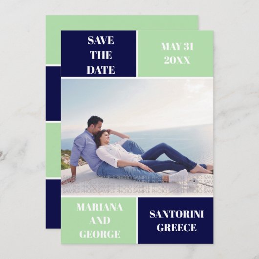Marine blauw, mint kleur blok bruiloft Save the Da Save The Date (Voorkant / Achterkant)